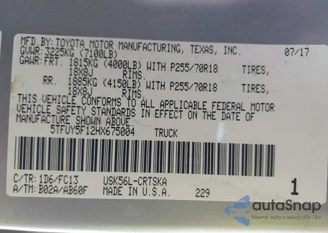 2017 Toyota Tundra Sr5 5.7L V8 из США, поврежденный, VIN 5TFUY5F12HX675004